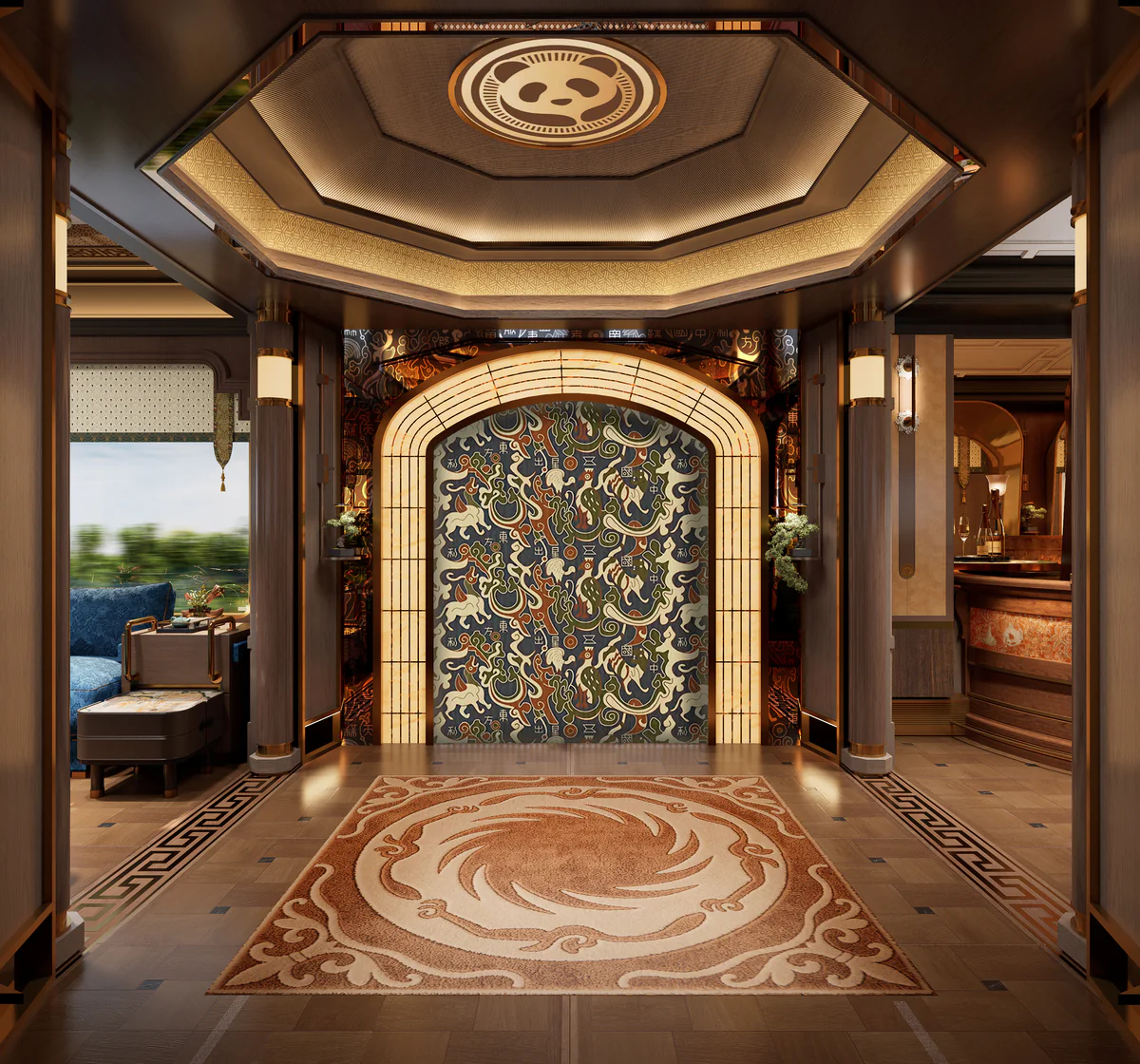 Shaocheng entrance design with a Five Stars brocade motif wall, a panda-inspired octagonal ceiling and a tea counter.
